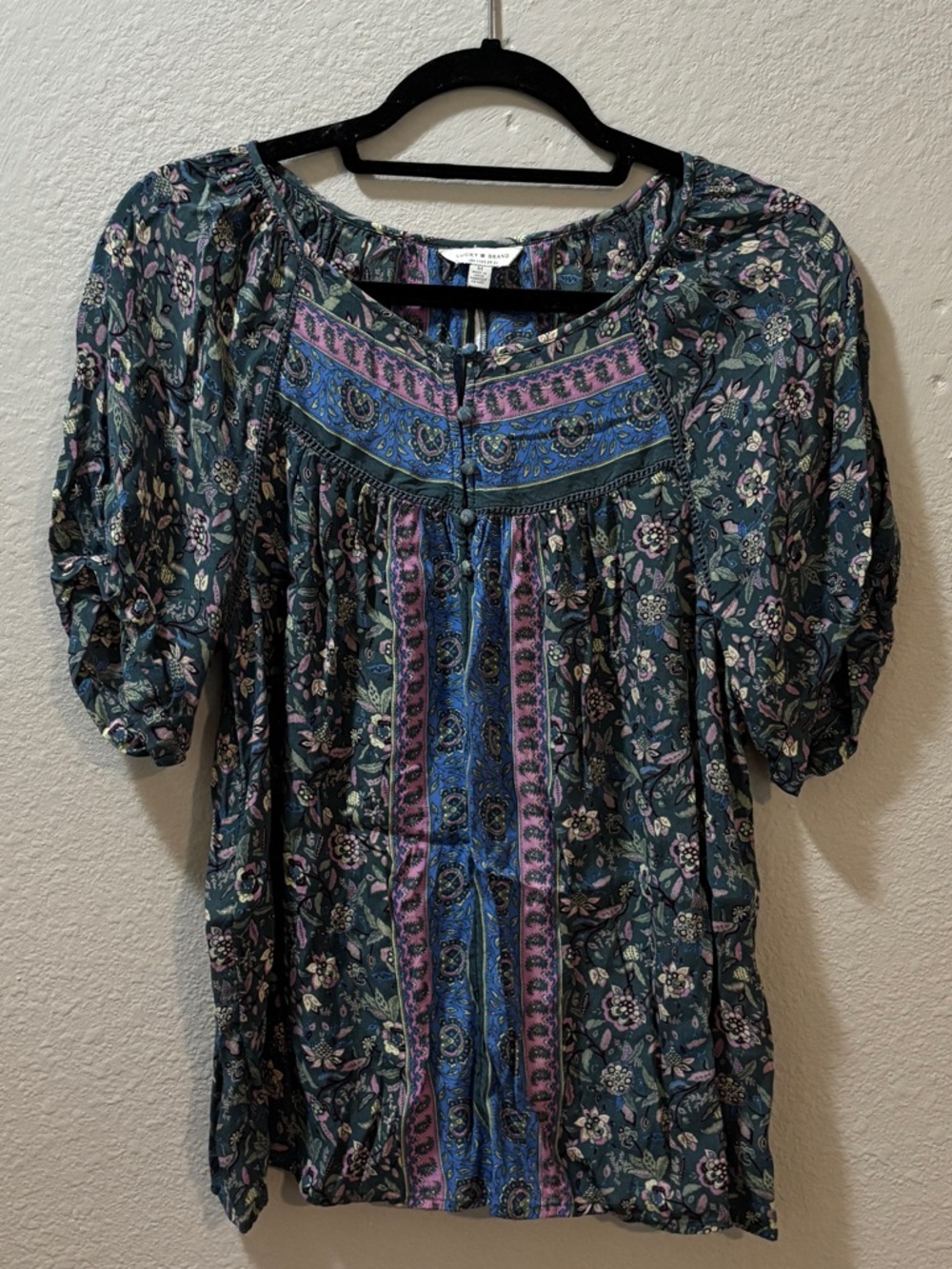 Lucky Brand Blue Green Short Sleeve Boho Floral Peasant Top Size Medium